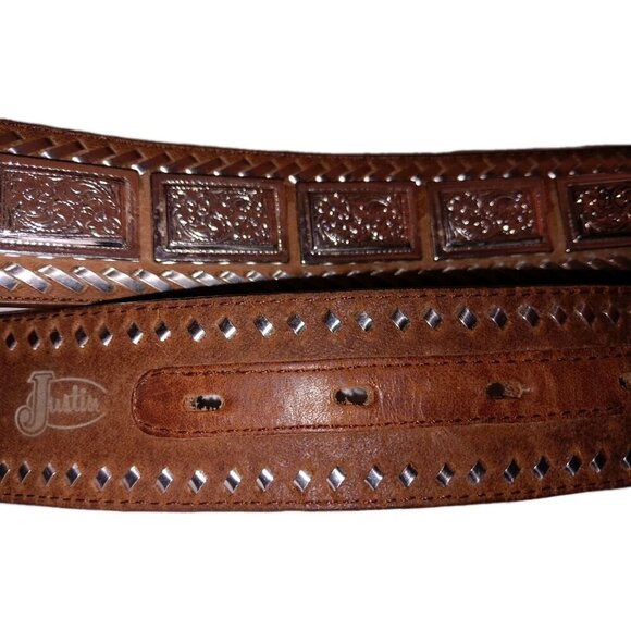 Justin Belt Mens Size 40 Brown Silver Leather Concho Western 9078 D - Picture 6 of 9